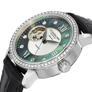 Stuhrling Memoire Automatic Black Mother-of-Pearl Dial Black Leather Strap Women's Watch