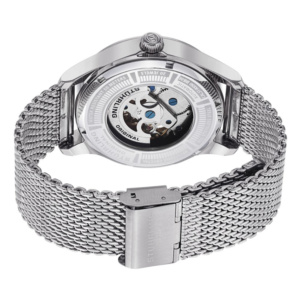 Stuhrling Atrium Elite Automatic Silver Tone Skeletonized Dial Mesh  Bracelet Men's Watch