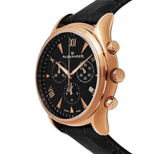 Load image into Gallery viewer, Alexander Mens Multifunction Chronograph Quartz Watch with Stainless Steel Rose Gold Tone Case on Black Embossed Genuine Leather Strap, Black Dial