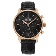 Load image into Gallery viewer, Alexander Mens Quartz Chronograph Multifunction Watch with Rose Gold Tone Stainless Steel Case on Black Embossed Genuine Leather Strap, Black-patterned Dial