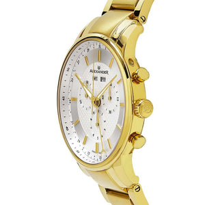 Alexander Mens Quartz Chronograph Multifunction Watch with Yellow Gold Tone Stainless Steel Case on Yellow Gold Tone Stainless Steel Bracelet, Silver-patterned Dial
