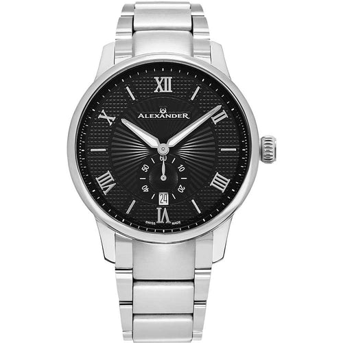 Alexander Mens Quartz Watch with Stainless Steel Case on Stainless Steel bracelet, Black-patterned Dial