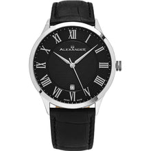 Load image into Gallery viewer, Alexander Mens Quartz Watch with Stainless Steel Case on Black Embossed Genuine Leather Strap, Black-patterned Dial