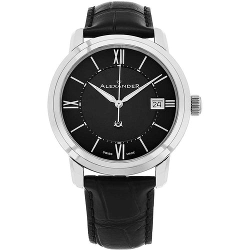 Alexander Mens Quartz Watch with Stainless Steel Case on Black Embossed Genuine Leather Strap, Black Dial