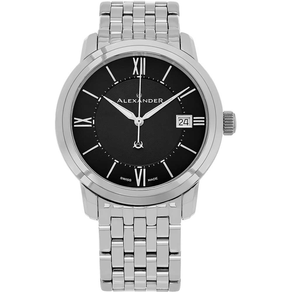 Alexander Mens Quartz Watch with Stainless Steel Case on Stainless Steel Bracelet, Black Dial