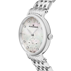 Alexander Ladies Quartz Small-second Watch with Stainless Steel Case on Stainless Steel Bracelet, White Mother-of-Pearl Dial