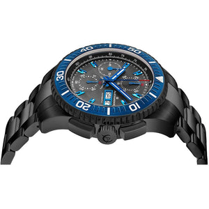 Alexander Mens Automatic Chronograph Watch with Black and Blue PVD Stainless Steel Case on Black PVD Stainless Steel Bracelet, Black Dial