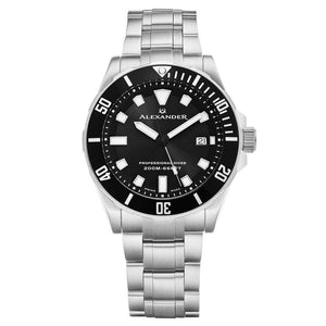 Alexander Vathos Swiss Quartz Black Dial Silver Tone Bracelet Men's Diver Watch
