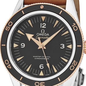 Omega Men's Seamaster 300M Leather Strap Sedna Gold Automatic Watch