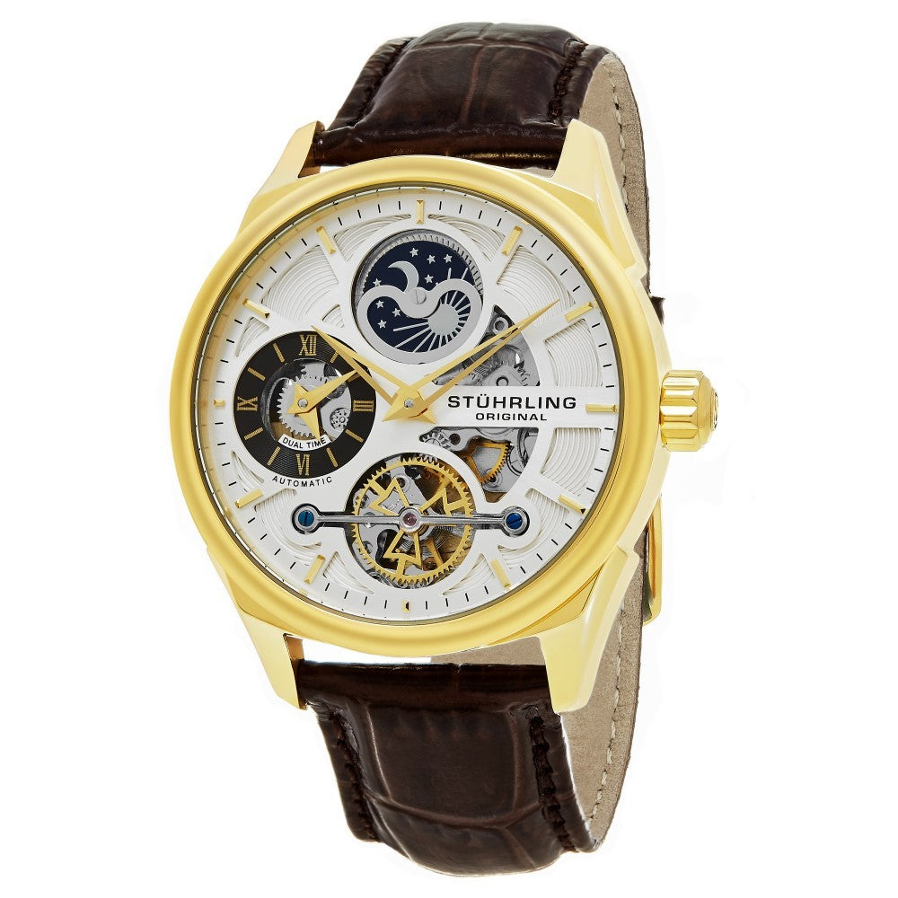 Stuhrling Special Reserve 657 Automatic Skeletonized Dual Time Gold Tone Case Men's Watch