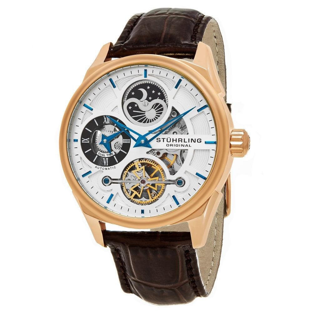 Stuhrling Special Reserve 657 Automatic Skeletonized Dual Time Rose Tone Case Men's Watch