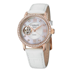 Stuhrling Memoire Automatic White Mother-of-Pearl Dial White Leather Strap Women's Watch
