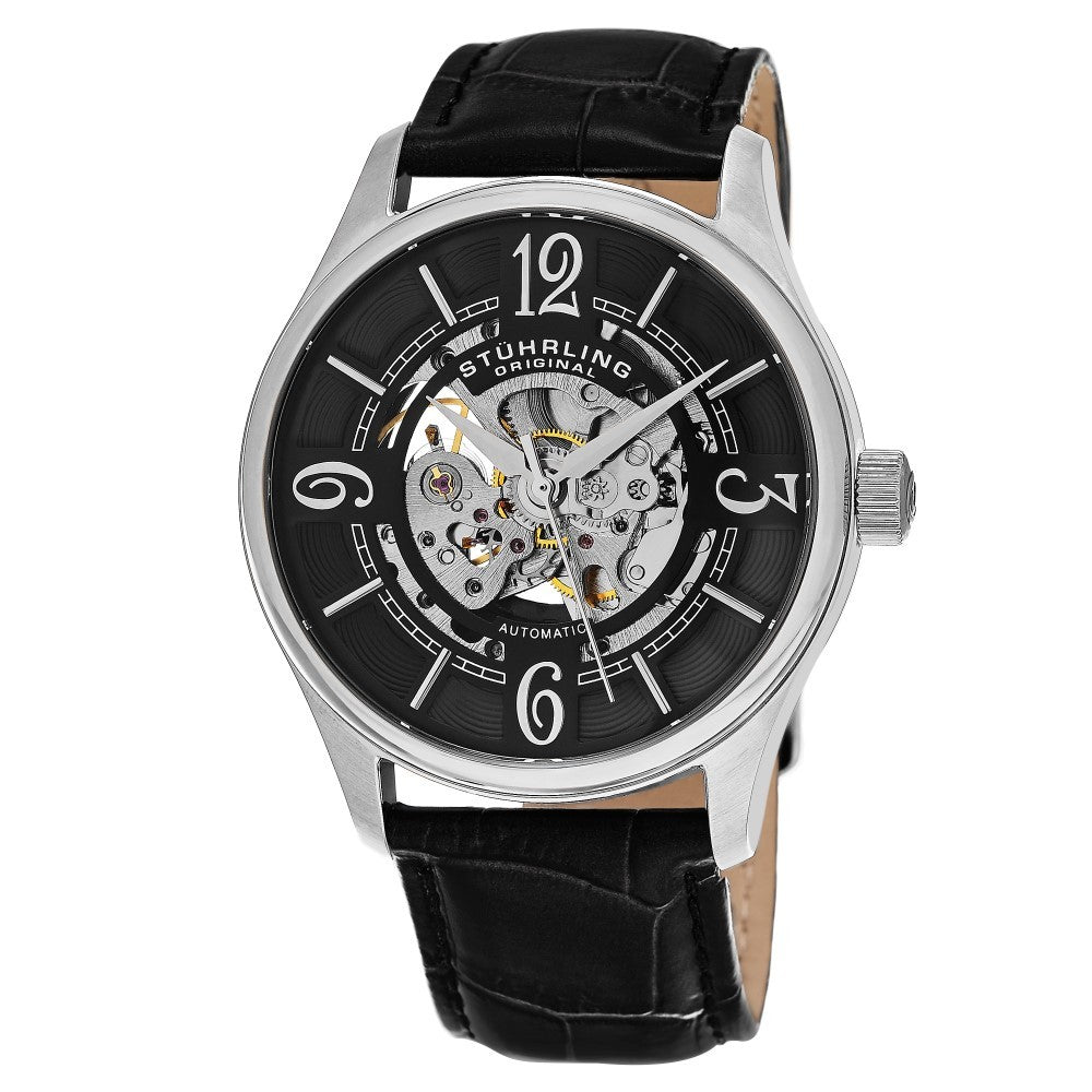 Stuhrling Delphi 992 Automatic Silver Tone Case Black Leather Strap Men's Watch