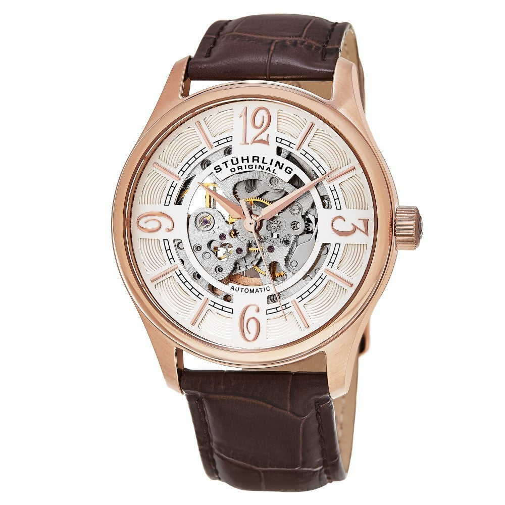 Stuhrling Delphi 992 Automatic Rose Tone Case Brown Leather Strap Men's Watch