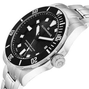 Alexander Vathos Swiss Quartz Black Dial Silver Tone Bracelet Men's Diver Watch