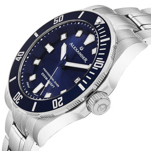 Alexander Vathos Quartz Blue Dial Silver Tone Bracelet Men's Diver Watch