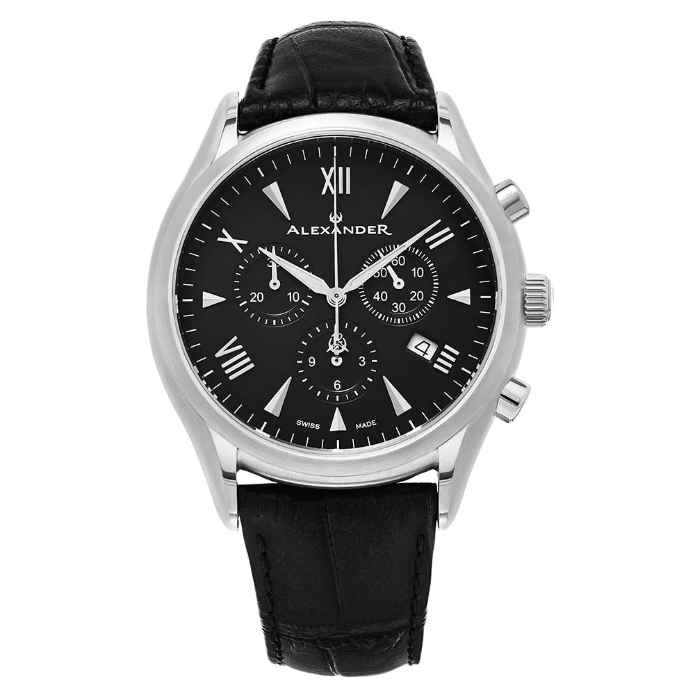 Alexander Mens Multifunction Chronograph Quartz Watch with Stainless Steel Case on Black Embossed Genuine Leather Strap, Black Dial