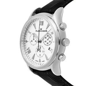 Alexander Mens Multifunction Chronograph Quartz Watch with Stainless Steel Case on Black Embossed Genuine Leather Strap, Silver Dial