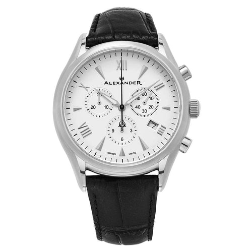 Alexander Mens Multifunction Chronograph Quartz Watch with Stainless Steel Case on Black Embossed Genuine Leather Strap, Silver Dial
