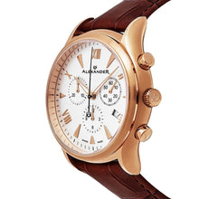 Load image into Gallery viewer, Alexander Mens Multifunction Chronograph Quartz Watch with Stainless Steel Rose Gold Tone Case on Brown Embossed Genuine Leather Strap, Silver Dial