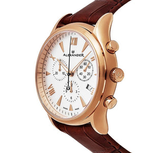 Alexander Mens Multifunction Chronograph Quartz Watch with Stainless Steel Rose Gold Tone Case on Brown Embossed Genuine Leather Strap, Silver Dial