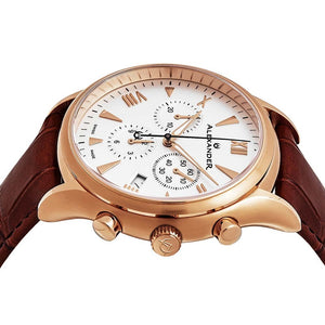 Alexander Mens Multifunction Chronograph Quartz Watch with Stainless Steel Rose Gold Tone Case on Brown Embossed Genuine Leather Strap, Silver Dial