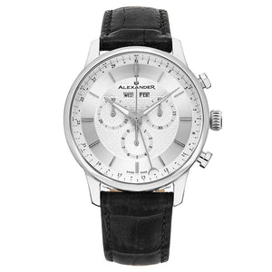 Alexander Mens Quartz Chronograph Multifunction Watch with Stainless Steel Case on Black Embossed Genuine Leather Strap, Silver-patterned Dial