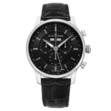 Load image into Gallery viewer, Alexander Mens Quartz Chronograph Multifunction Watch with Stainless Steel Case on Black Embossed Genuine Leather Strap, Black-patterned Dial