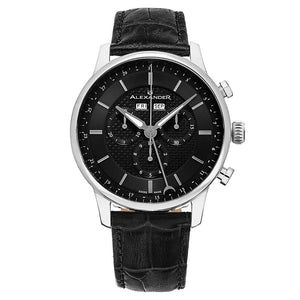 Alexander Mens Quartz Chronograph Multifunction Watch with Stainless Steel Case on Black Embossed Genuine Leather Strap, Black-patterned Dial