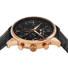 Load image into Gallery viewer, Alexander Mens Quartz Chronograph Multifunction Watch with Rose Gold Tone Stainless Steel Case on Black Embossed Genuine Leather Strap, Black-patterned Dial