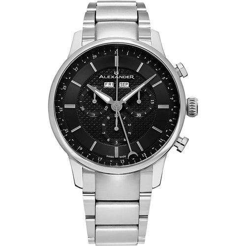 Alexander Mens Quartz Chronograph Multifunction Watch with Stainless Steel Case on Stainless Steel bracelet, Black-patterned Dial