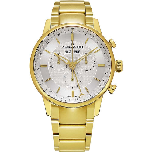 Alexander Mens Quartz Chronograph Multifunction Watch with Yellow Gold Tone Stainless Steel Case on Yellow Gold Tone Stainless Steel Bracelet, Silver-patterned Dial