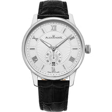 Load image into Gallery viewer, Alexander Mens Quartz Watch with Stainless Steel Case on Black Embossed Genuine Leather Strap, Silver-patterned Dial