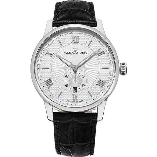 Alexander Mens Quartz Watch with Stainless Steel Case on Black Embossed Genuine Leather Strap, Silver-patterned Dial
