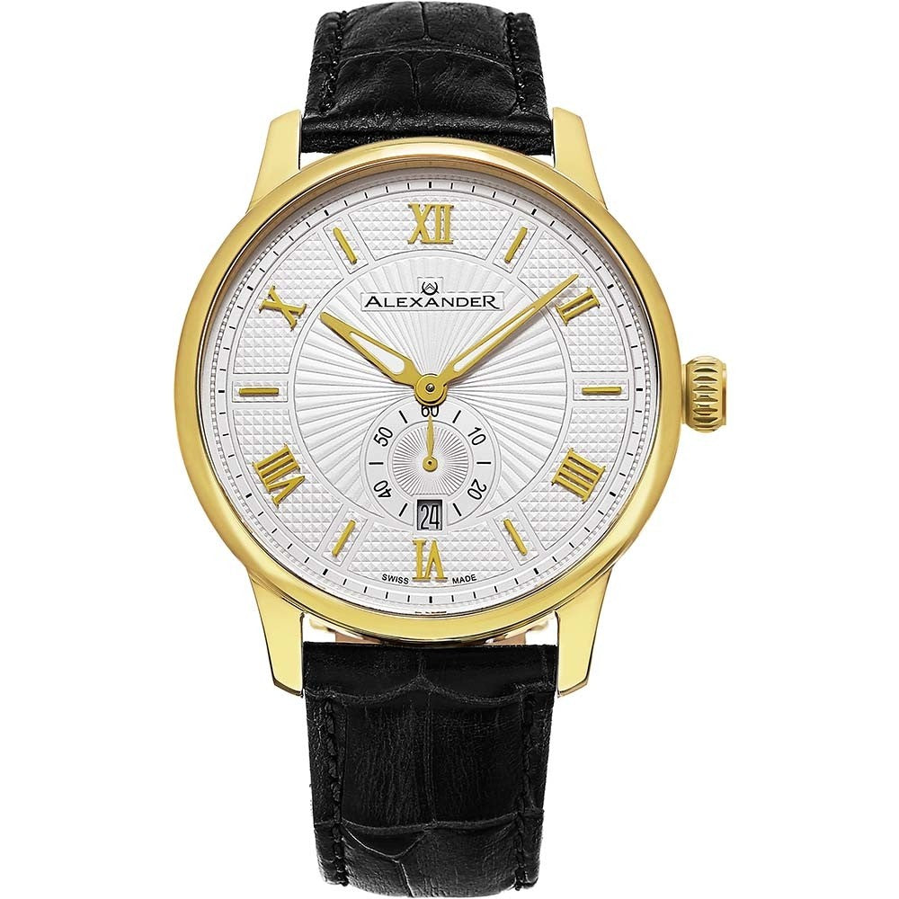 Alexander Mens Quartz Watch with Yellow Gold Tone Stainless Steel Case on Black Embossed Genuine Leather Strap, Silver-patterned Dial