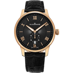 Alexander Mens Quartz Watch with Rose Gold Tone Stainless Steel Case on Black Embossed Genuine Leather Strap, Black-patterned Dial