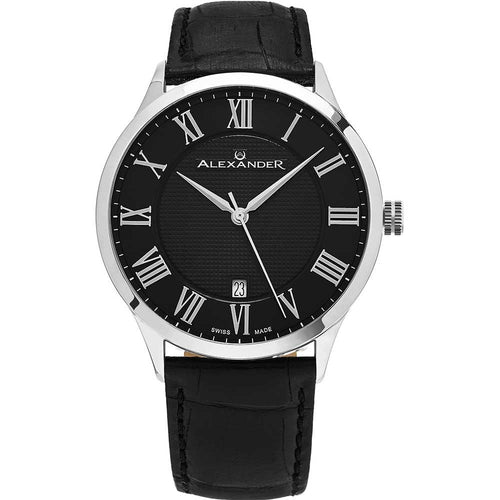 Alexander Mens Quartz Watch with Stainless Steel Case on Black Embossed Genuine Leather Strap, Black-patterned Dial