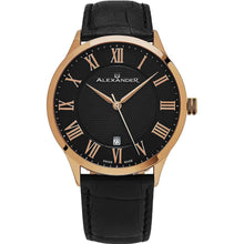 Load image into Gallery viewer, Alexander Mens Quartz Watch with Stainless Steel Rose Gold Tone Case on Black Embossed Genuine Leather Strap, Black-patterned Dial