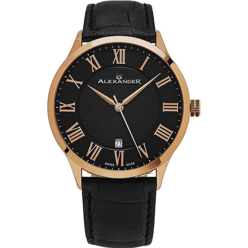 Alexander Mens Quartz Watch with Stainless Steel Rose Gold Tone Case on Black Embossed Genuine Leather Strap, Black-patterned Dial