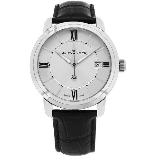Alexander Mens Quartz Watch with Stainless Steel Case on Black Embossed Genuine Leather Strap, Silver Dial