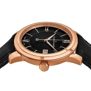 Alexander Mens Quartz Watch with Stainless Steel Rose Gold Tone Case on Black Embossed Genuine Leather Strap, Black Dial