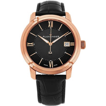 Load image into Gallery viewer, Alexander Mens Quartz Watch with Stainless Steel Rose Gold Tone Case on Black Embossed Genuine Leather Strap, Black Dial