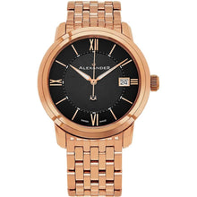 Load image into Gallery viewer, Alexander Mens Quartz Watch with Stainless Steel Rose Gold Tone Case on Stainless Steel Rose Gold Tone Bracelet, Black Dial