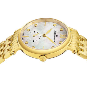 Alexander Ladies Quartz Small-second Watch with Yellow Gold Tone Stainless Steel Case on Yellow Gold Tone Stainless Steel Bracelet, White Mother-of-Pearl Dial