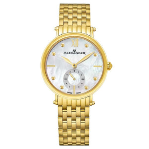 Alexander Ladies Quartz Small-second Watch with Yellow Gold Tone Stainless Steel Case on Yellow Gold Tone Stainless Steel Bracelet, White Mother-of-Pearl Dial