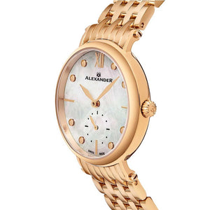 Alexander Ladies Quartz Small-second Watch with Rose Gold Tone Stainless Steel Case on Rose Gold Tone Stainless Steel Bracelet, White Mother-of-Pearl Dial