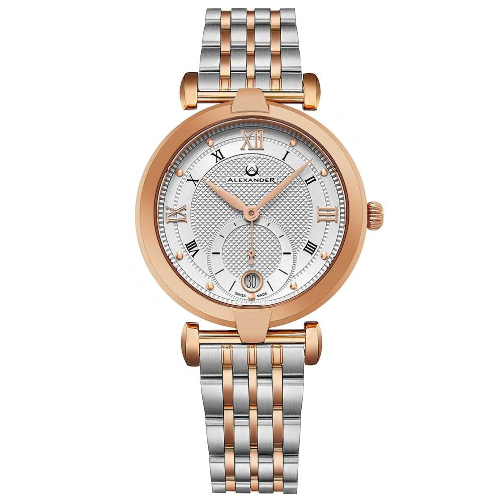 Alexander Ladies Quartz Small-second Date Watch with Rose Gold Tone Stainless Steel Case on Rose Gold Tone Stainless Steel and Stainless Steel Bracelet, Silver Dial