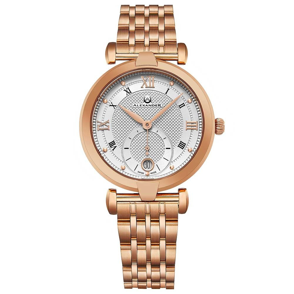 Alexander Ladies Quartz Small-second Date Watch with Rose Gold Tone Stainless Steel Case on Rose Gold Tone Stainless Steel Bracelet, Silver Dial