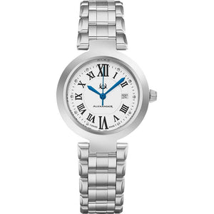 Alexander Ladies Quartz Small-second Date Watch with Stainless Steel Case on Stainless Steel Bracelet, Silver Dial