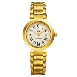 Alexander Ladies Quartz Small-second Date Watch with Yellow Gold Tone Stainless Steel Case on Yellow Gold Tone Stainless Steel Bracelet, Silver Dial